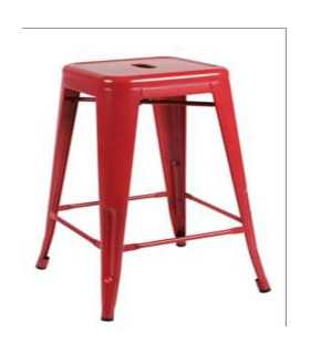 Low red metal stool in an industrial style against a white background