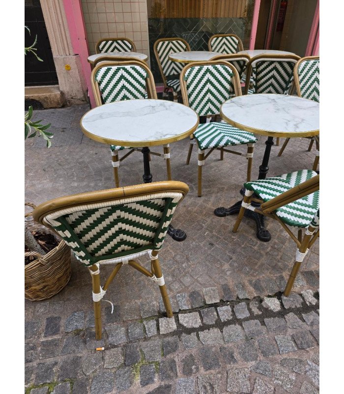 Green and white woven bistro chair
