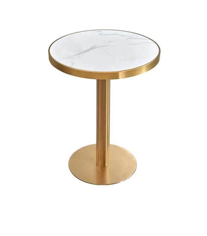 Mange-debout Gatsby en métal or avec plateau rond effet marbre sur fond blanc