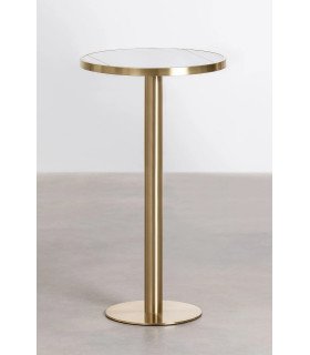 Side view of the Gatsby high table in gold-colored metal with a marble-effect tabletop