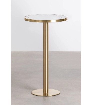 Side view of the Gatsby high table in gold-colored metal with a marble-effect tabletop