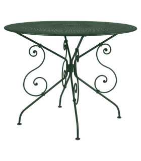 1900s-style green metal garden table, Ø 96 cm, with a round tabletop on a white background