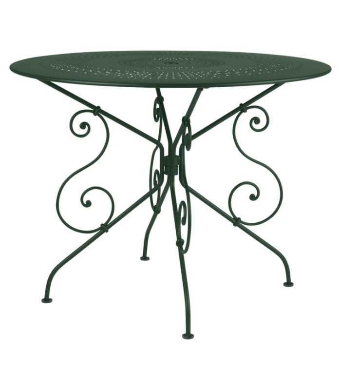 1900s-style green metal garden table, Ø 96 cm, with a round tabletop on a white background