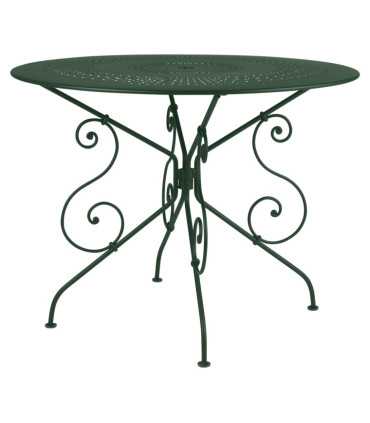 Table de jardin ronde modèle 1900 métal fer forgé vert cèdre diam 96 cm