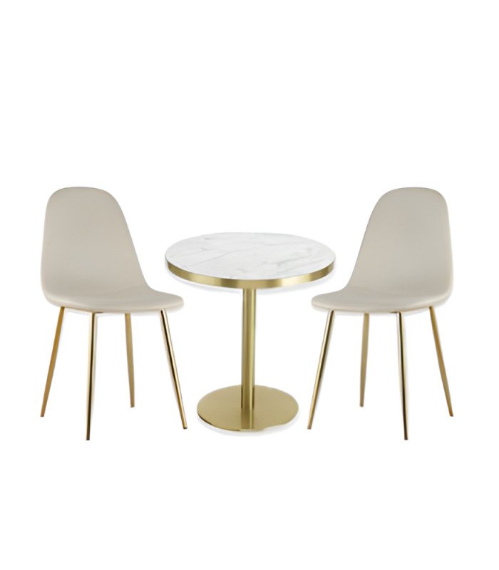 Photo of the Pack of 2 beige velvet chairs and golden and marble pedestal table available for hire from 126 Events