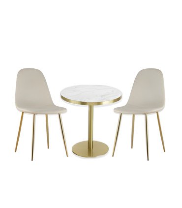 Photo of the Pack of 2 beige velvet chairs and golden and marble pedestal table available for hire from 126 Events