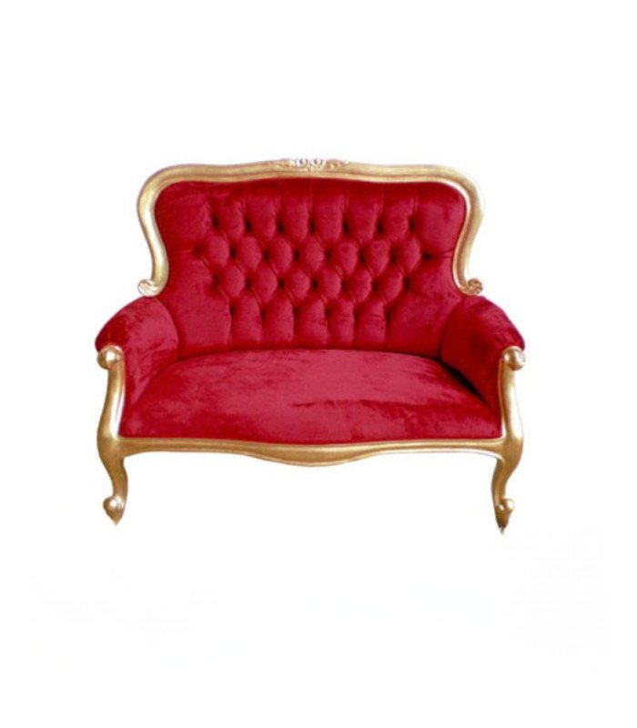 Banquette baroque velours rouge Grandfather en velours rouge sur fond blanc, structure bois doré