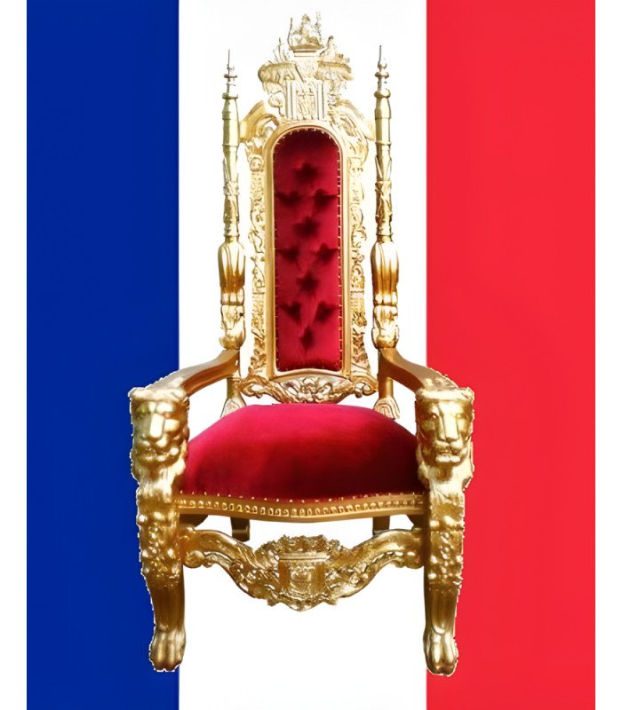 Golden wooden throne and red velvet on a background of the French flag