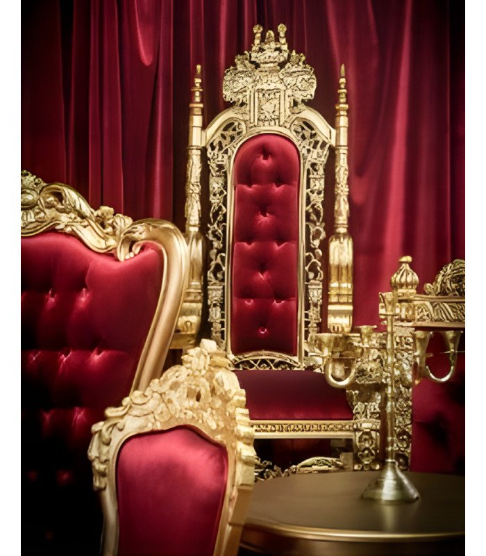 Gilded wooden throne and red velvet in front of a red curtain on a stage with matching armchair and coffee table