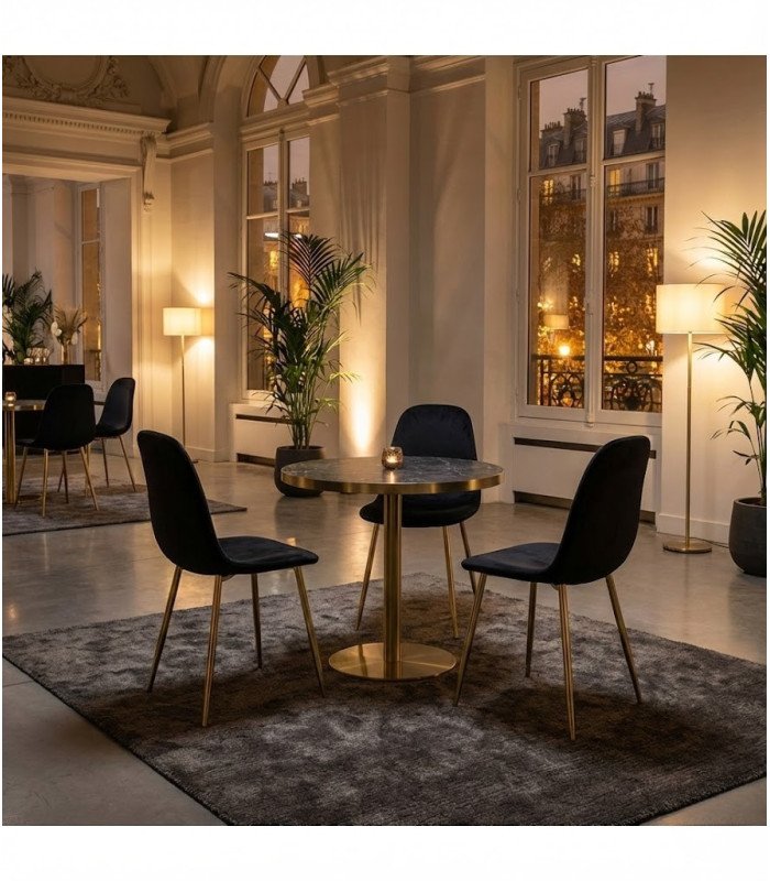 Photo of the black velvet 3-chair set and pedestal table during a subdued reception rented by 126 Events.