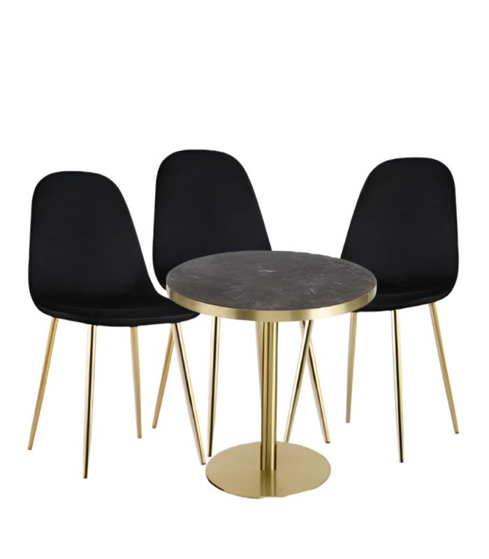 Location pack table et chaises velours noir et piètements dorés sur un fond blanc en location par 126 Events
