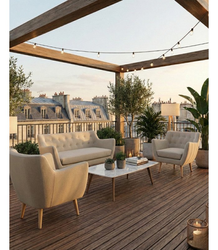 Photo of the beige Scandinavian pack on a terrace, furniture rented from 126 Events
