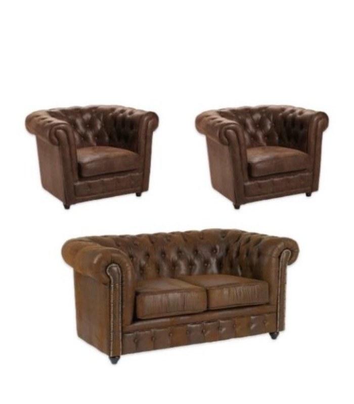 Photo of brown microfiber Chesterfield sofa set on a white background, available for rent from 126 Events
