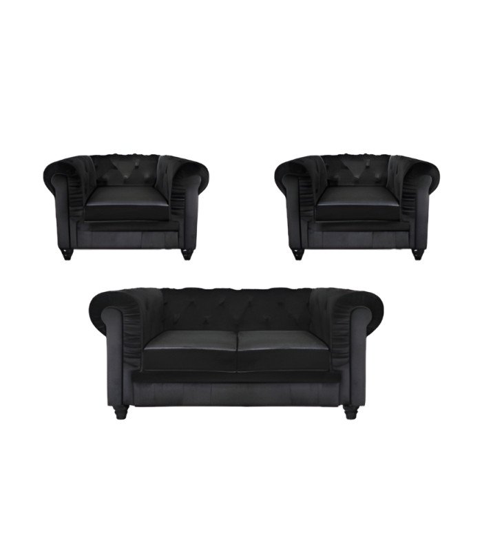 Photo of the black velvet Chesterfield pack against a white background, available for hire from 126 Events