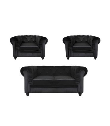 Photo of the black velvet Chesterfield pack against a white background, available for hire from 126 Events