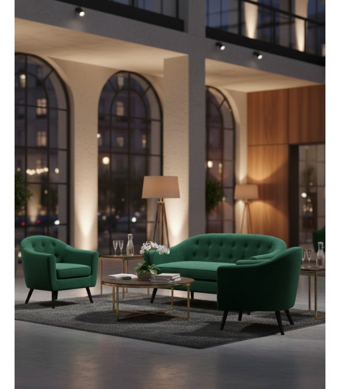 Photo of the green velvet Scandinavian pack at a reception, furniture rented from 126 Events.