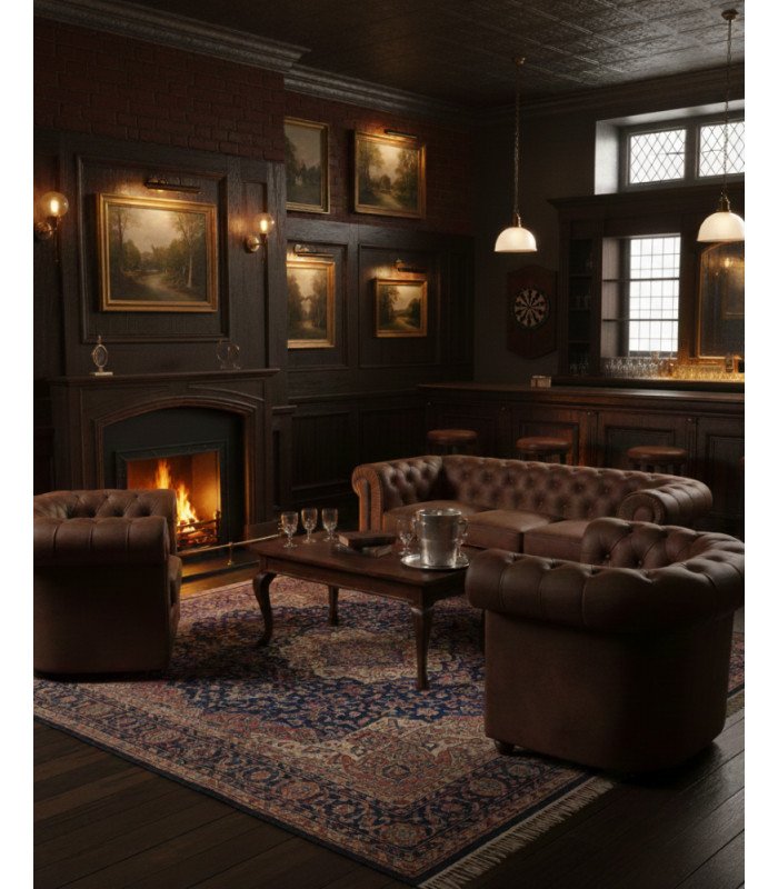 photo du Pack canapé microfibre chesterfield marron dans un salon au coin du feu, mobilier en location par 126 Events