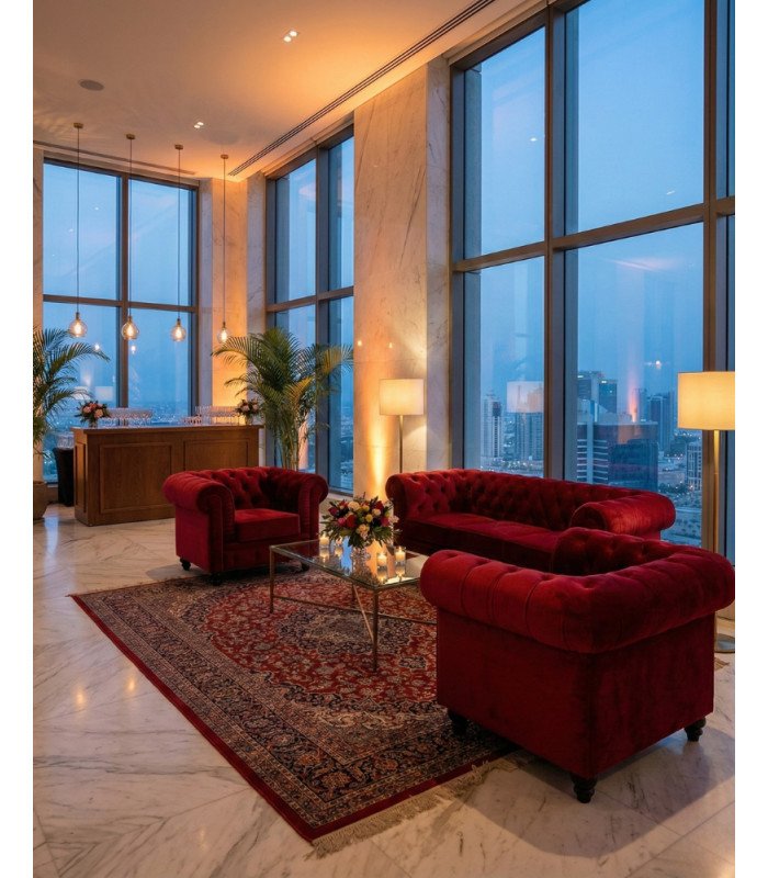 photo du mobilier du pack chesterfield en velours rouge lors d'un séminaire a Paris, mobilier en location avec 126 Events