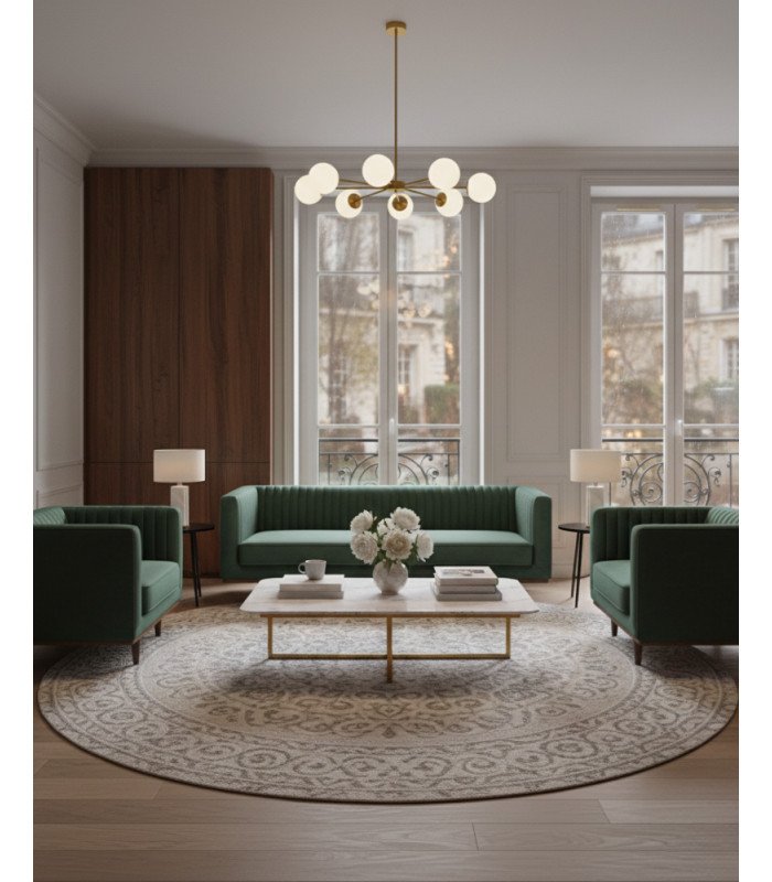 Dan 3-seater sofa set and 2 green velvet armchairs