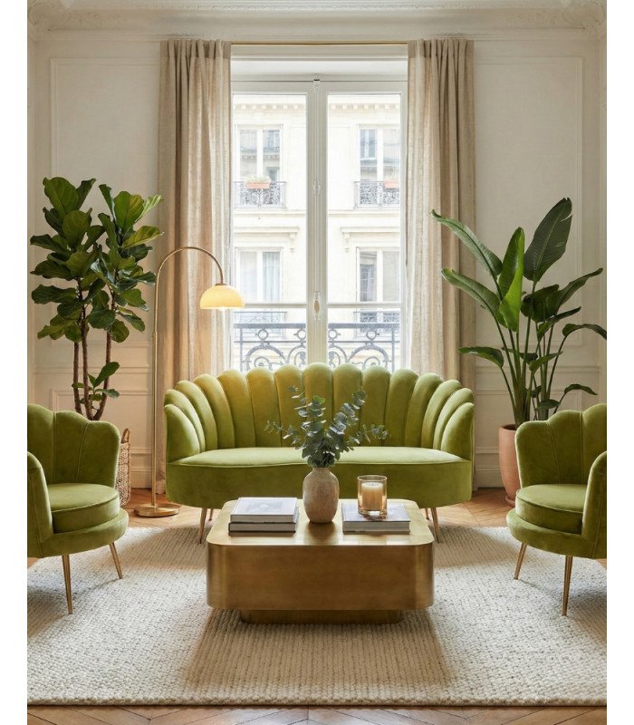 Olive-green shell furniture set installed in a Parisian living room