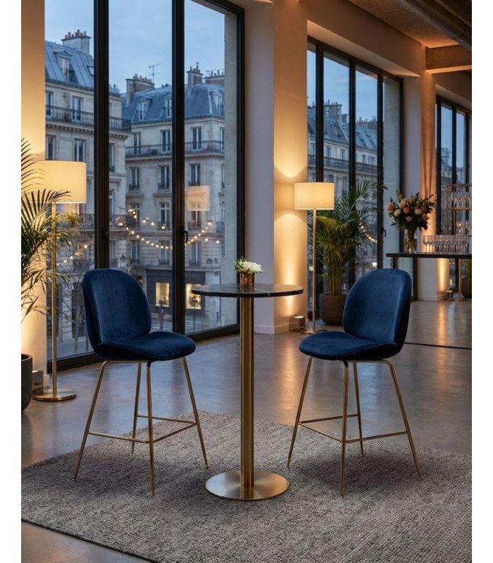 Location pack 2 chaises de bar en velours noir et mange debout métal doré et plateau marbre noir