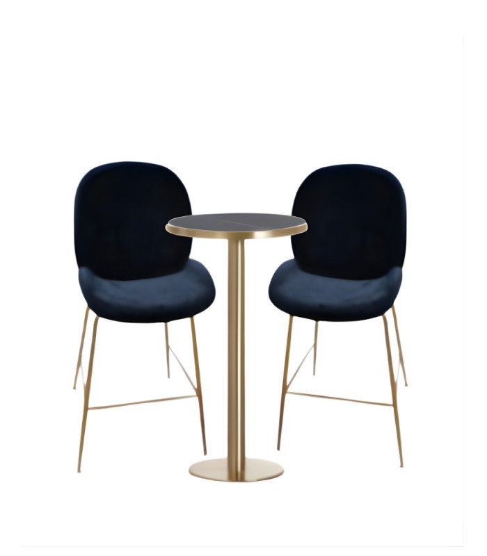 Location pack 2 chaises de bar en velours noir et mange debout métal doré et plateau marbre noir