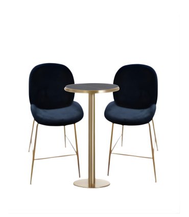 Location pack 2 chaises de bar en velours noir et mange debout métal doré et plateau marbre noir
