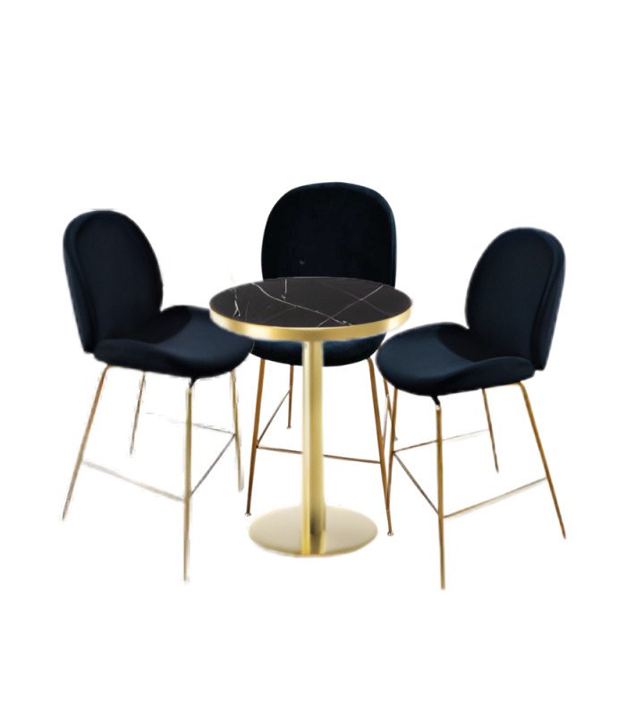 Pack 3 black velvet high stools and stand-up table