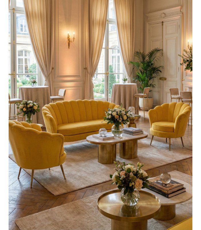 Photo du pack mobilier coquillage jaune en location par 126 Events lors d'un mariage dans la région Parisienne