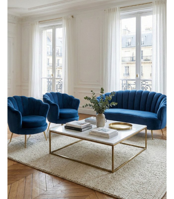 Blue shell furniture set with a square coffee table in a Parisian living room