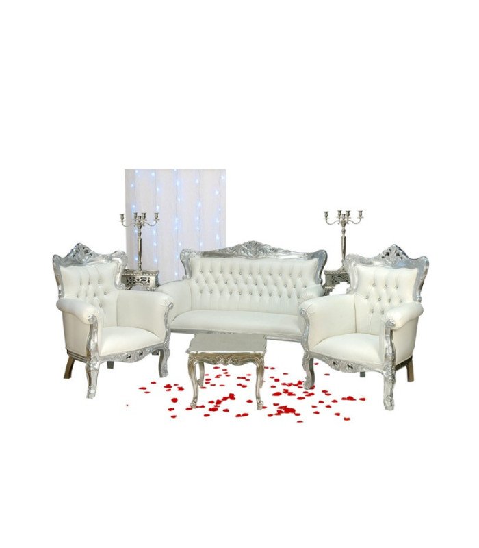 Location banquette et Fauteuils Prince argent et blanc