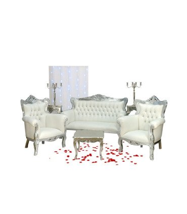Location banquette et Fauteuils Prince argent et blanc