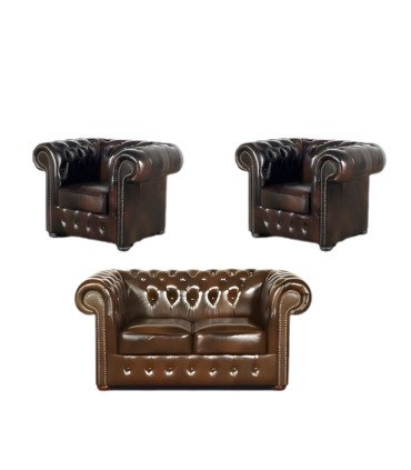 Pack 1 canapé et 2 fauteuils Chesterfield en cuir marron, ensemble salon capitonné présenté sur fond blanc