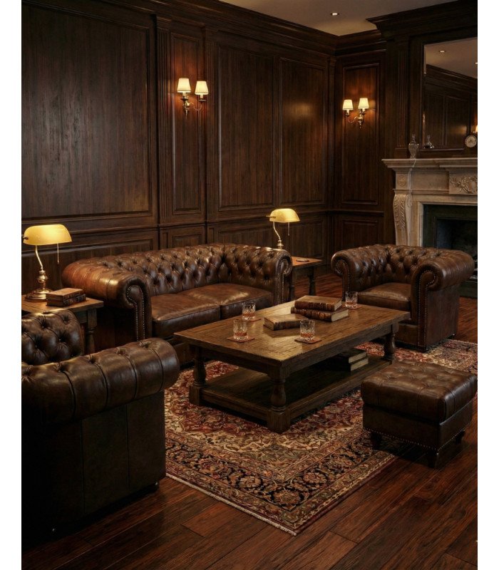 Pack of 1 Chesterfield sofa and 2 armchairs in brown leather, installed in an event lounge with rug, coffee table, and ottoman