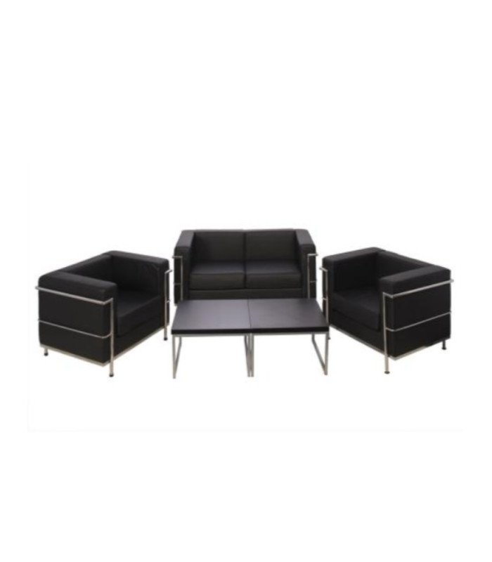 Black faux leather sofa set and coffee table