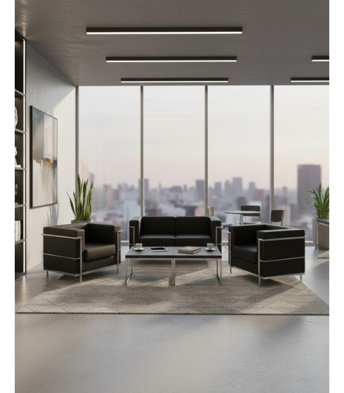 photo du Pack canapé simili cuir noir et table basse dans une piece de séminaire