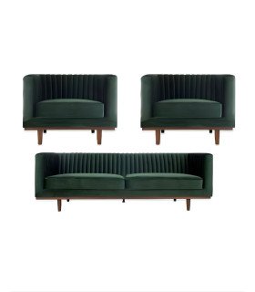 Photo of the Dan green sofa and armchair set on a white background, available for rent from 126 Events.