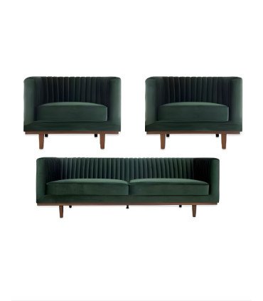 Photo of the Dan green sofa and armchair set on a white background, available for rent from 126 Events.