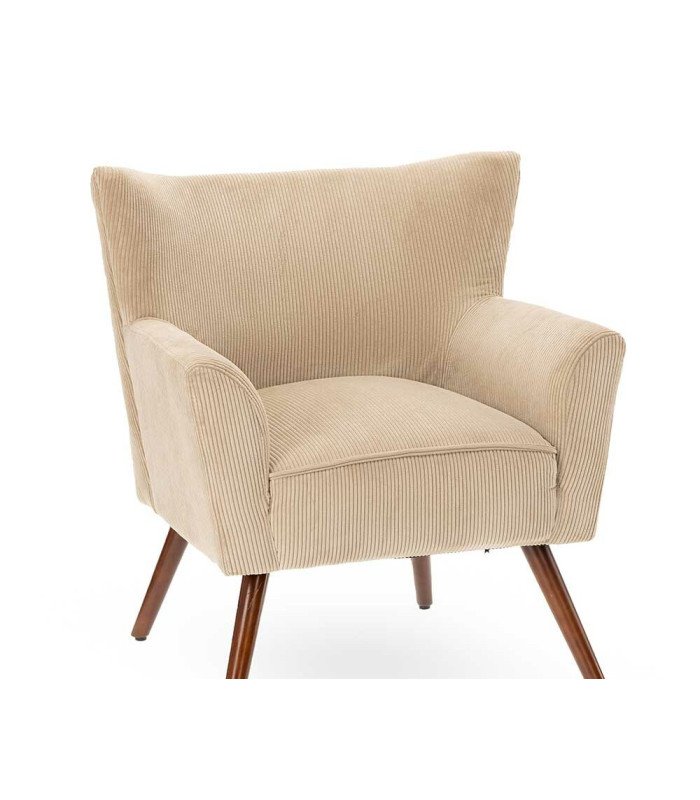 Fauteuil wayne en velours beige et pieds en bois