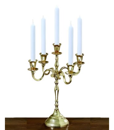 Shiny gold 5-branch candlestick, height 40 cm, placed on a piece of furniture, lighting accessory for a reception table in Paris