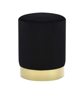 Pouf en velours noir avec base en métal doré sur fond blanc, mobilier en location pour événements à Paris