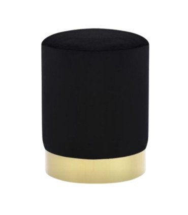 Pouf en velours noir avec base en métal doré sur fond blanc, mobilier en location pour événements à Paris