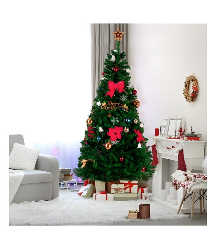 210 cm artificial Christmas tree with decorations installed in a living room for an elegant Christmas atmosphere