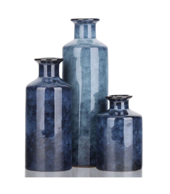 Lot de 3 vases bleus de style champêtre