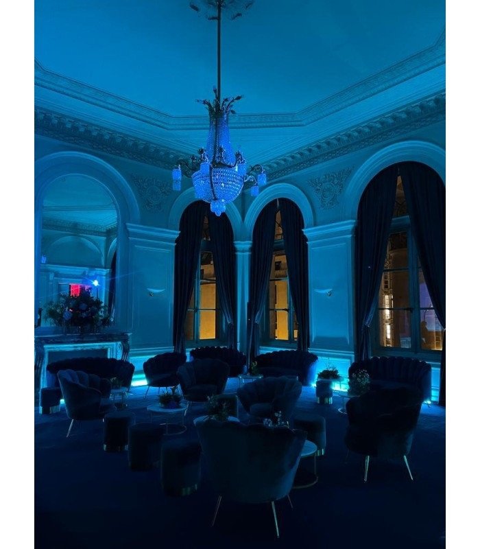 Round blue and gold velvet pouffe for rent