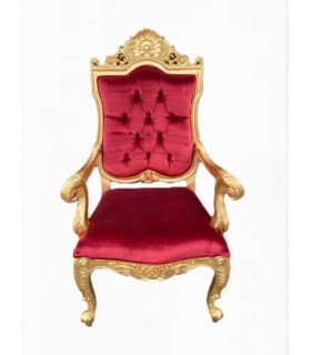 Fauteuil trône doré et velours rouge dossier haut sculpté, assise en velours rouge.