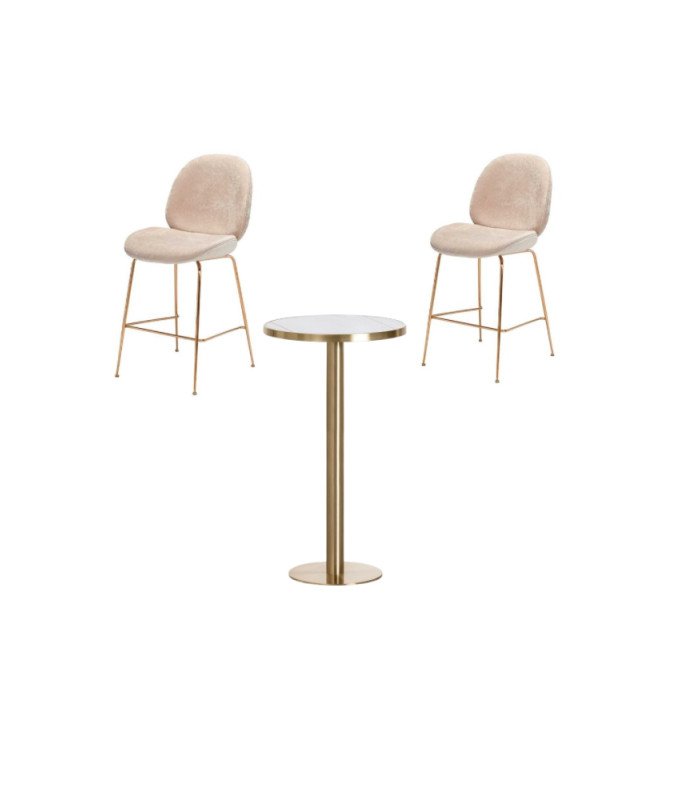 Pack 2 beige velvet high stools and stand-up table