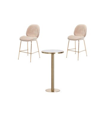 Location pack 2 chaises de bar en velours beige et mange debout métal doré et plateau marbre blanc