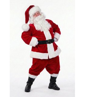 Costume de Père Noël adulte taille large rouge et blanc avec barbe, bonnet, ceinture et sur-bottes sur fond blanc