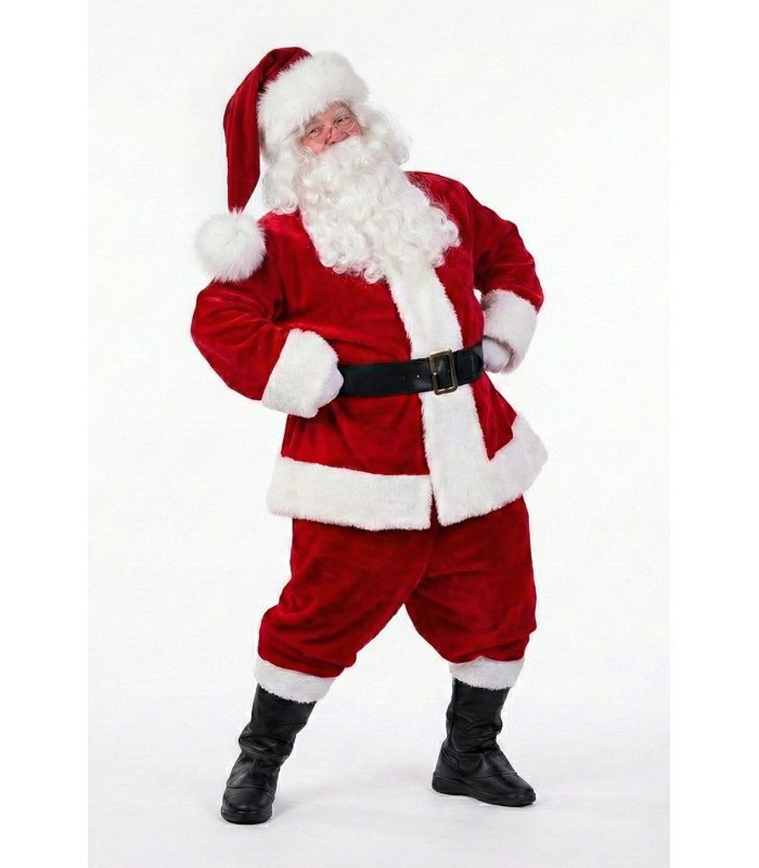 Adult Santa Claus costume, large size, red and white, with beard, hat, belt, and boot covers on a white background.